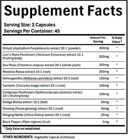 Adndale Shilajit for Men and Women. Pure Himalayan Organic Shilajit Capsules with Sea Moss Ashwagandha Rhodiola Rosea Lion’s Mane. 90 Count