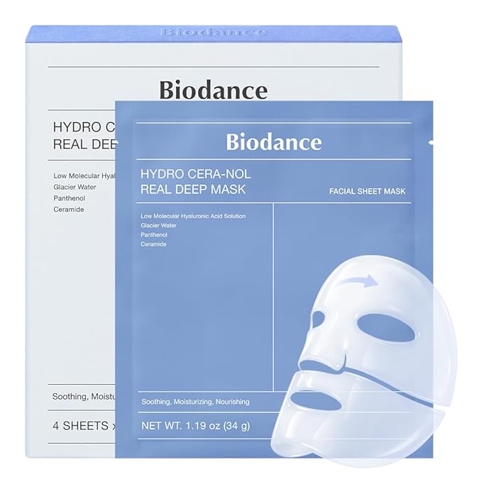 BIODANCE Hydro Cera-nol Real Deep Mask, Hydrating Overnight Hydrogel Face Mask, Moisturizing, Redness Reducing, Quick Soothing, After Sun Care, Sunburn Relief, Korean Skin Care |1.19oz(34g) x4ea