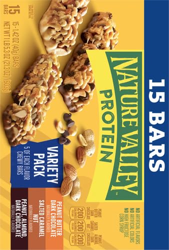 Nature Valley Protein Bars, Gluten Free Chewy Granola Snack Bars, 10g Protein, Peanut Butter Dark Chocolate, Salted Caramel Nut, Peanut Almond Dark Chocolate, 21.3 oz Box, 15 Count (Pack of 2)