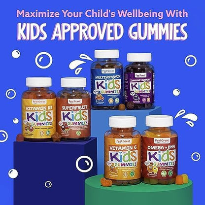 Feel Great Immune Support for Kids | Vitamin C Zinc & Elderberry Gummies | Sambucus Nigra Immunity Multivitamin | Vegetarian | 60 Day Supply