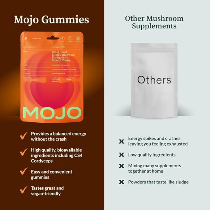 Mojo Focus Gummies with Lion’s Mane, Panax Ginseng, Ginger Root & Cordyceps, Brain Supplement for Memory and Focus, Nootropic Mushroom Gummies for Adults, Vegan Strawberry Tangerine, 2 Pack