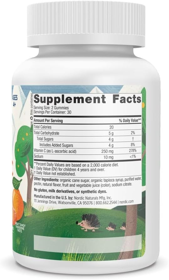 Nordic Naturals Kids Vitamin C Gummies - Tangy Tangerine - 60 Gummies - Vegan Vitamin C Supplement - Children’s Immunity and Antioxidant Support - 250 mg per Serving - 30 Servings