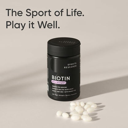 Sports Research® Biotin 5,000mcg with Organic Coconut Oil - Biotin (Vitamin B7) for Healthy Skin and Hair Support* - for Women and Men - Vegan, Non-GMO, Gluten & Soy-Free - 120 Veggie Softgels