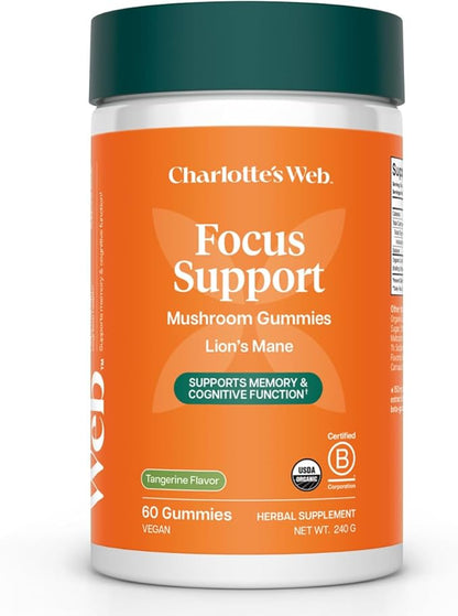 Charlotte's Web Focus Support Mushroom Gummies for Focus and Energy w/Lion’s Mane, Natural Cognitive Support Lions Mane Gummies for Adults — Tangerine Flavor (30 Servings)