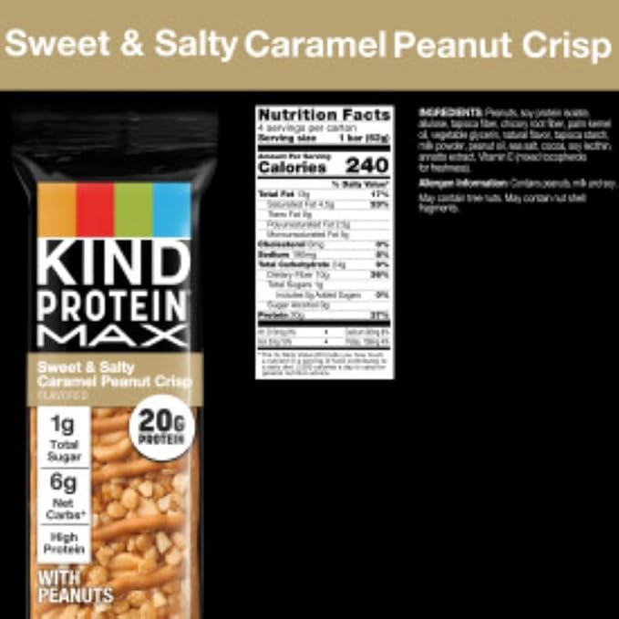 KIND Protein MAX Sweet & Salty Caramel Peanut Crisp Snack Bars, 20g ofProtein, Keto Friendly, 1g ofSugar Per Bar, Gluten Free, 4 Count Box (Pack of 8)
