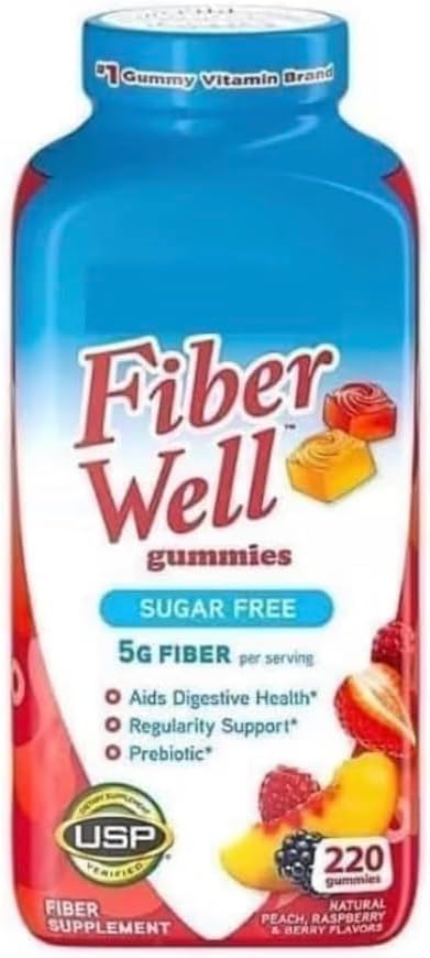 Fiber Well Sugar Free Gummies Supplement, Peach, Strawberry and Berry Flavored 220ct (220count, Sugar Free)