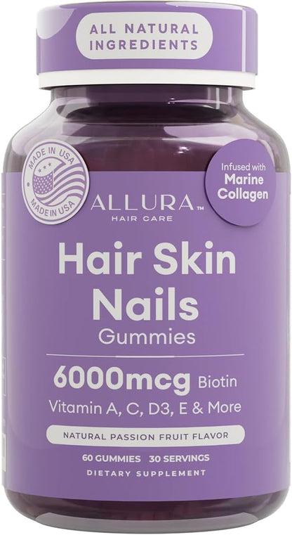 Hair Skin and Nails Vitamins for Women – Extra Strength 6000mcg Biotin Hair Gummies with Marine Collagen, Vitamin E, A, C & PABA for Hair Growth, Healthy Skin & Nails – Made in US, Passion Fruit, 60ct