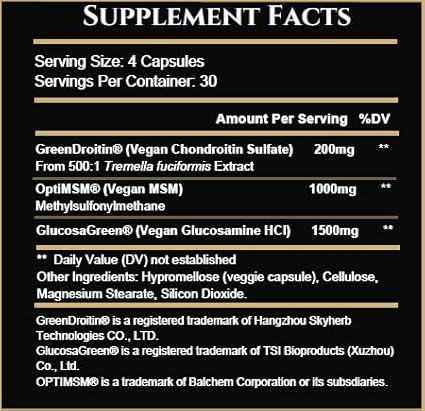 Vegan Glucosamine Chondroitin MSM Joint Support Supplement for Women and Men. Snow Mushroom Chondrotin Sulfate OptiMSM® Mobility, Cartilage & Flexibility Support Shellfish-Free, Non-GMO 120 Capsules