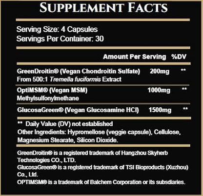 Vegan Glucosamine Chondroitin MSM Joint Support Supplement for Women and Men. Snow Mushroom Chondrotin Sulfate OptiMSM® Mobility, Cartilage & Flexibility Support Shellfish-Free, Non-GMO 120 Capsules