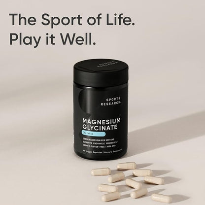 Sports Research® Magnesium Glycinate - Supports Restful Sleep & Enzymatic Processes - 160 mg Chelated Magnesium - Vegan Capsule - 90 Count