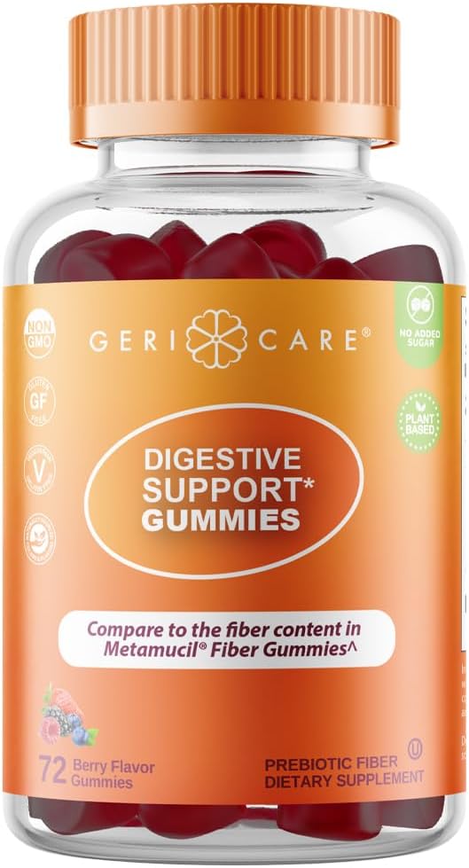 GeriCare Prebiotic Digestive Support, Gummies Compare to Metamucil Fiber Gummies, Berry Flavor, 72 Count, Plant-Based Fiber for Gut Health, Non-GMO, Gluten-Free, Vegan, Fiber Supplement