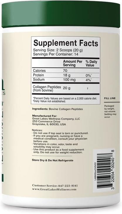 Great Lakes Wellness Collagen Peptides Powder – Supports Skin, Hair, Nails, Joints & Digestion – Hydrolyzed, Quick Dissolve, Non-GMO, Keto & Kosher – Pure Collagen Protein (10 oz, 14 Servings)