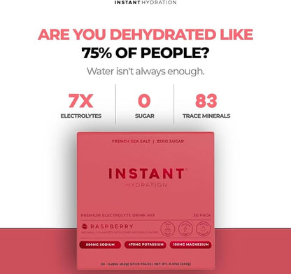 Instant Hydration Electrolytes Powder Packets - Raspberry Electrolyte Drink Mix - Zero Sugar - Keto, Vegan, Gluten-Free, Non-GMO - Boost Recovery, Brain Health, Muscle & Tissue Support- 30 Sticks