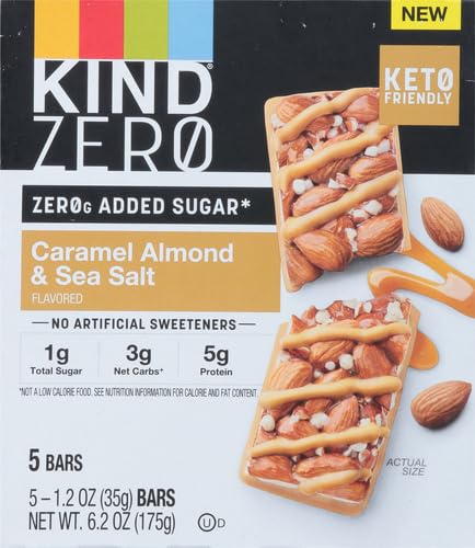 KIND ZERO Added Sugar Bars, Caramel Almond & Sea Salt, Keto Friendly Snacks, Gluten Free, 5g Protein, 5 Count (Pack of 2)
