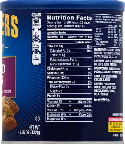 PLANTERS Deluxe Mixed Nuts - Roasted Cashews, Almonds, Brazil Nuts, Pistachios, and Pecans, Plant-Based Protein, Quick Snack, 15.25oz Canister (Pack of 4)