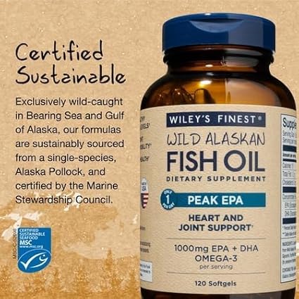 Wiley's Finest Wild Alaskan Fish Oil Peak EPA - Triple Strength Peak EPA & DHA Supplement - 1000mg Fish Oil - Omega-3s for Joint Health Support - 120 Softgels (120 Servings)