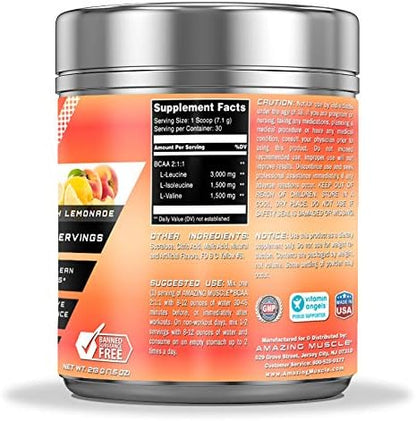 Amazing Muscle BCAA 2:1:1 Branched Chain Amino Acids Supplement | 6000 Mg Per Serving | Peach Lemonade Flavor | 30 Servings