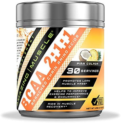 Amazing Muscle 2:1:1 Branched Chain Amino Acids Supplement | 6000 Mg Per Serving Supplement | Pina Colada Flavor | 30 Servings
