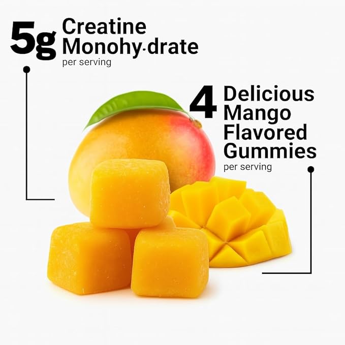 Creatine Gummies 5000mg – Vegan - Muscle Builder – Strength & Energy Support – 120 Count – Mango Flavor – Creatine Monohydrate Supplement for Men & Women