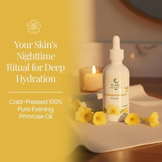 Organic Evening Primrose Oil – Cold-Pressed 100% Pure Botanical – Hydrating Face, Skin & Hair Oil Rich in GLA & Omega-6 for Menopause & Perimenopause Support – 2oz