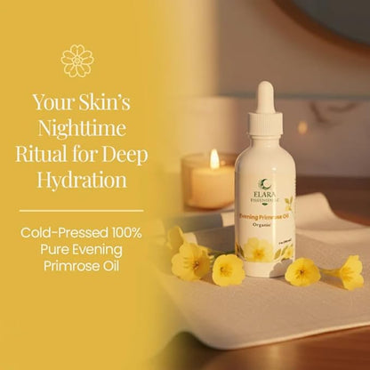Organic Evening Primrose Oil – Cold-Pressed 100% Pure Botanical – Hydrating Face, Skin & Hair Oil Rich in GLA & Omega-6 for Menopause & Perimenopause Support – 2oz