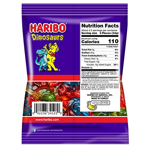HARIBO Gummi Candy, Dinosaurs Gummy Candy, 5 Ounce Share Size Bags (Pack of 12) Delicious Soft & Chewy Sweet Snacks, Assorted Fruity Flavors