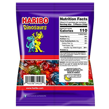 HARIBO Gummi Candy, Dinosaurs Gummy Candy, 5 Ounce Share Size Bags (Pack of 12) Delicious Soft & Chewy Sweet Snacks, Assorted Fruity Flavors
