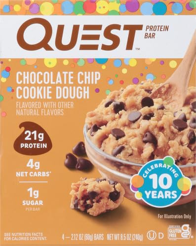 Quest Nutrition Chocolate Chip Cookie Dough Protein Bars,21g Protein,4,Net Carbs,1g Sugar,High Fiber,Gluten Free,Keto Friendly,4 Count (Pack of 2)