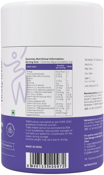 Be Bodywise Biotin Hair Growth Gummies for Women I Sugar Free I Hair Skin and Nails Vitamins I Biotin, Zinc, Folic Acid, Vitamin C, Keratin & Multivitamin I 100% Vegan, Gluten Free I 60 Day Pack