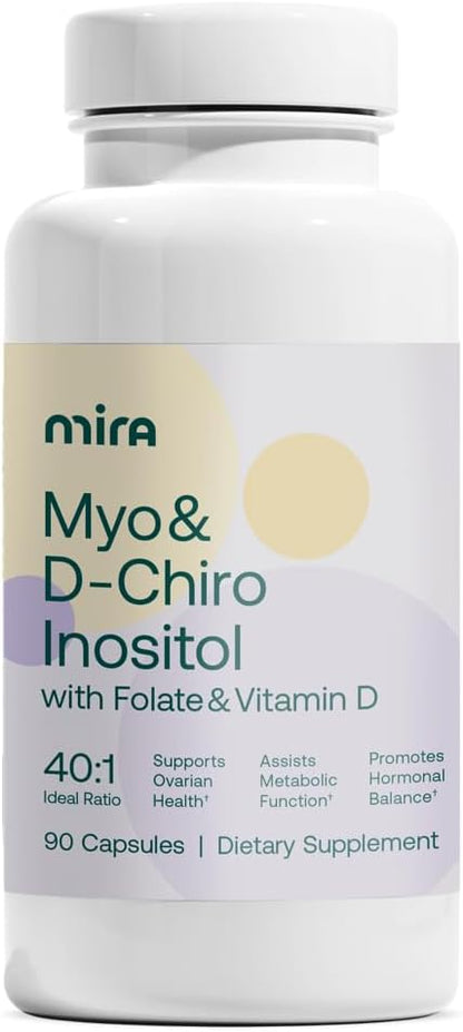 MIRA PCOS Supplement, Myo Inositol & D-Chiro Inositol 40:1 Ratio, Helps Promote Hormonal Balance and Support Ovarian Health & Metabolism, 90 Capsules (30 Servings), 1 Bottle