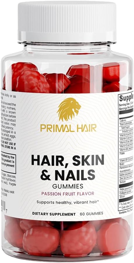 Hair, Skin and Nails Gummies with Biotin & Collagen - Vitamins A, C, D, E & Zinc - Passion Fruit Flavor - Supports Natural Glow & Healthy Growth - 60ct