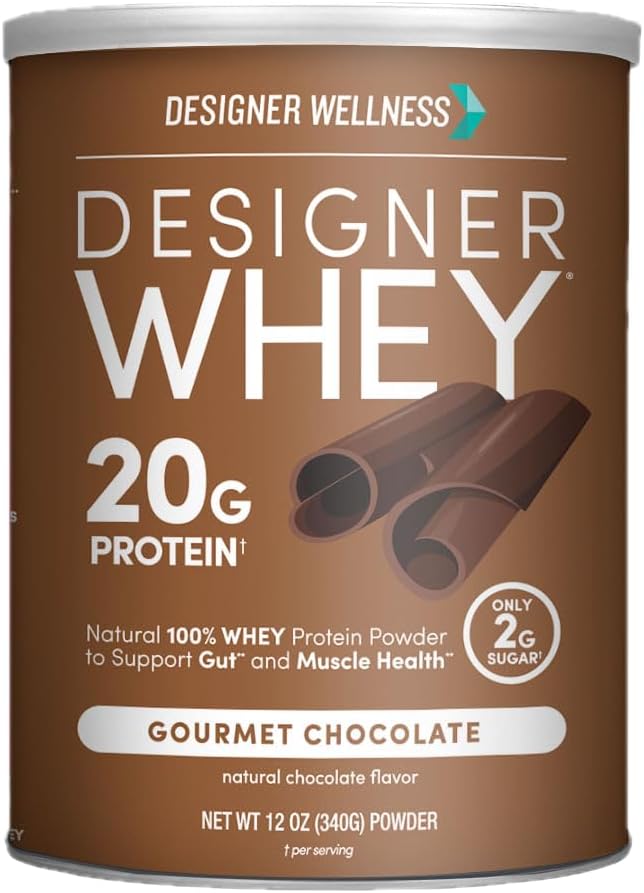 Designer Wellness, Designer Whey, Natural Whey Protein Powder with Probiotics, Fiber, and Key B-Vitamins for Energy, Gluten-Free, Gourmet Chocolate, 12oz