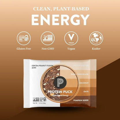 Protein Puck Vegan Plant based Protein Bar – Natural Healthy Snack Bars, 12 Count, 1.34oz Mini, Gluten Free, Dairy Free, No GMO, Kosher – Cocoa Peanut Fusion - Chocolate, Peanut Butter, Sport Nutrition