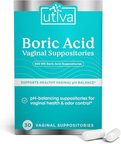Szio+ Utiva Boric Acid Suppositories for Women - pH Balance - Feminine Care - 600mg Boric Acid to Lower pH and Support Vaginal Health, BV Treatment for Women, 30 Vaginal Suppositories