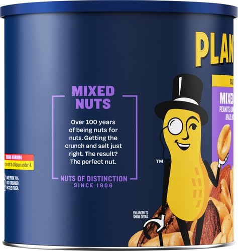 PLANTERS Salted MixedNuts, Peanuts, Almonds, Cashews,BrazilNuts and Pecans, PartySnack, Plant-Based Protein, Quick Snackfor Adults, After SchoolSnack, Bulk Nuts, Kosher,56oz Canister (Pack of 2)