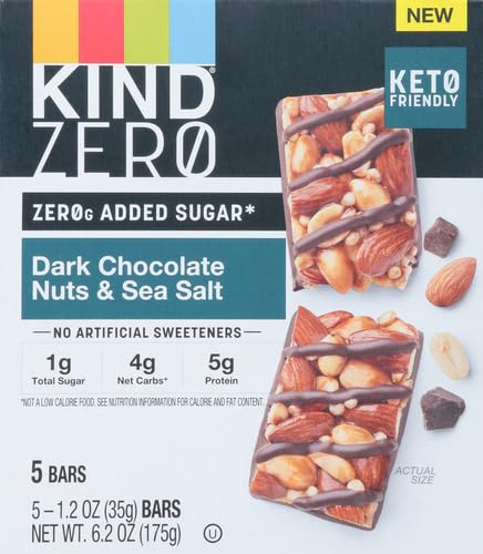 KIND ZERO Added Sugar Bars,Dark Chocolate Nuts and Sea Salt,Keto Friendly Snacks,Gluten Free,5g Protein,5 Count (Pack of 2)