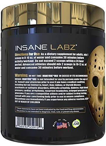 Insane Labz Insane Veinz Gold, Nitric Oxide Non Stimulant pre Workout Powder, Loaded with Hydromax, Nitrosigine, Increases Vascularity and Blood Flow, 30 Srvgs, Gummy Candy