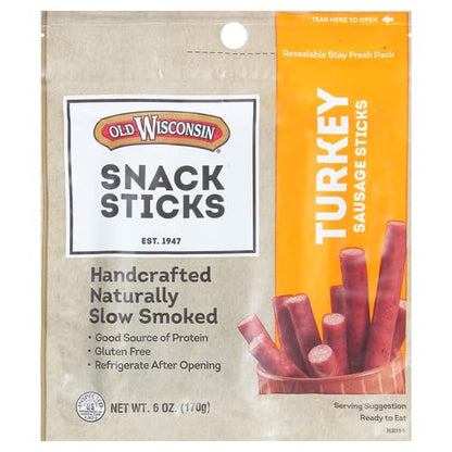 Old Wisconsin Turkey Sausage Snack Sticks, Naturally Smoked, Ready to Eat, High Protein, Low Carb, Keto, Gluten Free, 6 Ounce Resealable Package (Pack of 4)
