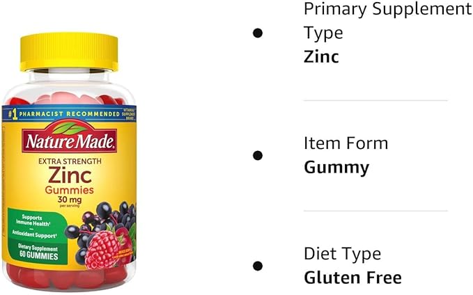 Nature Made Zinc Supplements 30 mg Per Serving, Dietary Supplement for Immune Health and Antioxidant Support, 60 Zinc Gummies, 30 Day Supply, (Pack of 2)