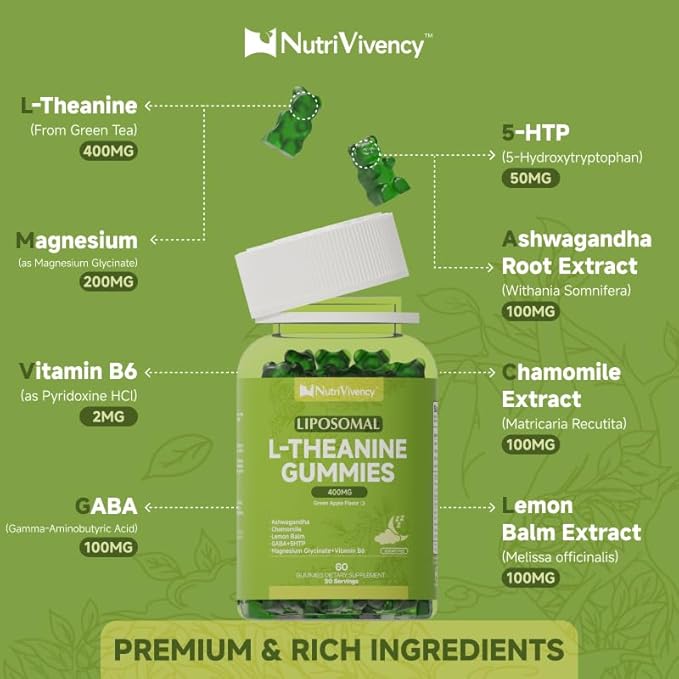 Liposomal L-Theanine Gummies, Sugar Free L Theanine 400mg Gummies Supplement for Adults & Kids, l'theanine Chewable for Relax & Improved Focus, Enhanced Absorption, Vegan, Green Apple Flavor, 60 Count