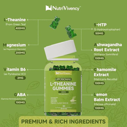 Liposomal L-Theanine Gummies, Sugar Free L Theanine 400mg Gummies Supplement for Adults & Kids, l'theanine Chewable for Relax & Improved Focus, Enhanced Absorption, Vegan, Green Apple Flavor, 60 Count