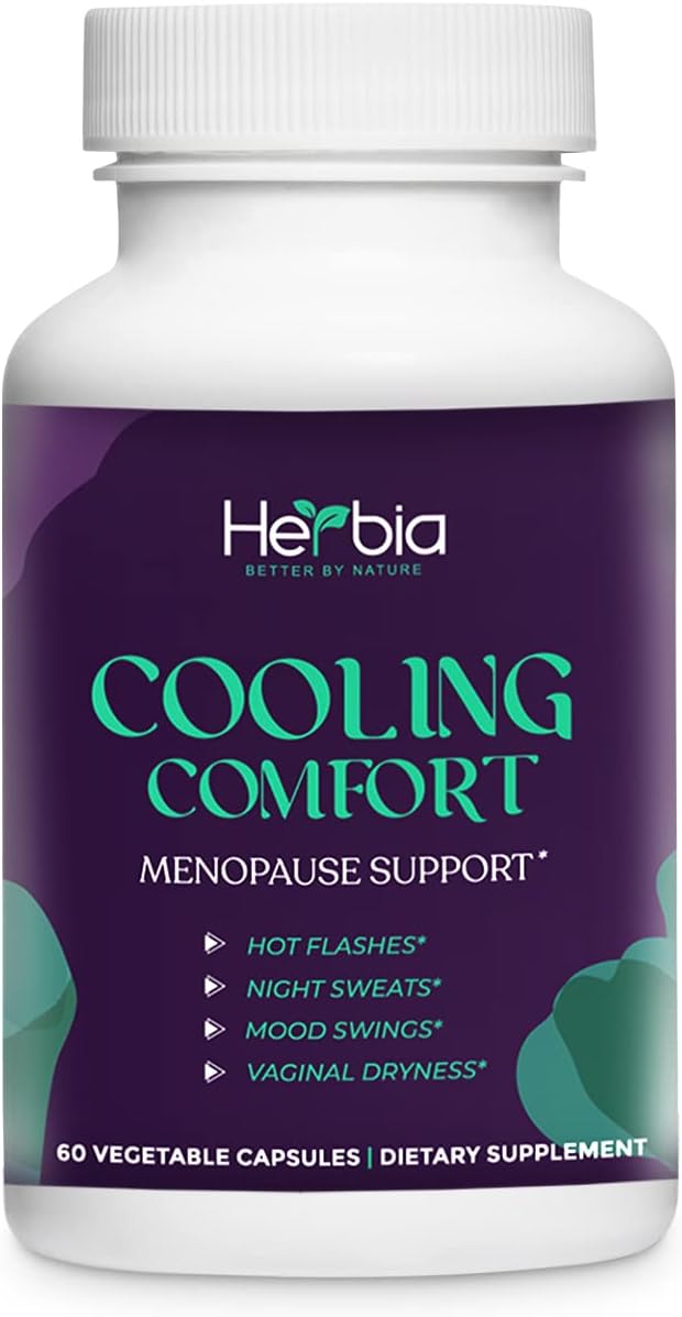 Cooling Comfort Natural Menopause and PMS Supplement - Hormonal Balance, Estrogen-Free Herbal Formula Relief for Night Sweats, Mood Swings & Vaginal Dryness - 60 Vegetable Capsules