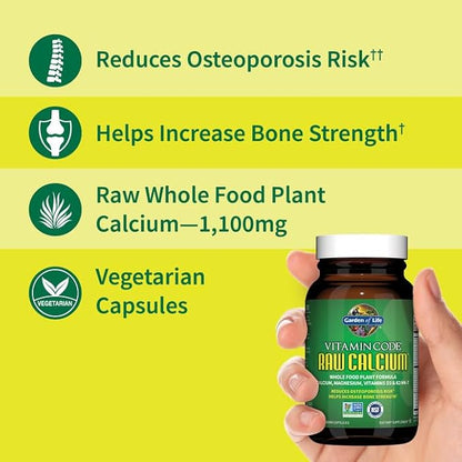 Garden of Life Raw Calcium Supplement for Women and Men - Vitamin Code Made from Whole Foods with Magnesium, K2, Vitamin D3 and Vitamin C Plus Probiotics for Digestion, 60 Capsules