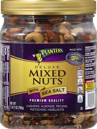 PLANTERS Deluxe Mixed Nuts with Sea Salt,27 oz Resealable Container - Variety Mixed Nuts Snacks with Cashews,Almonds,Pecans,Pistachios & Hazelnuts - Energy Boost - Kosher,(Pack of 2)