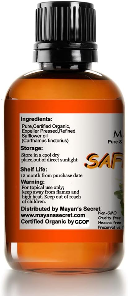 Mayan's Secret Organic Safflower Oil – High Oleic, Expeller Pressed, 100% Pure & Non-GMO, Rich in Vitamin E & Oleic Acid, Deep Moisturizing Oil for Soft Healthy Skin