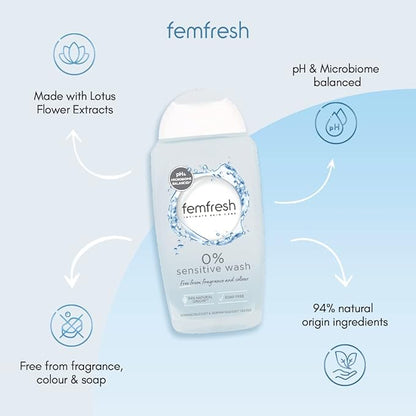 Femfresh Sensitive Intimate Wash, Vegan pH Balanced Intimate Cleansing Shower Gel - Pack of 6 x 250 ml