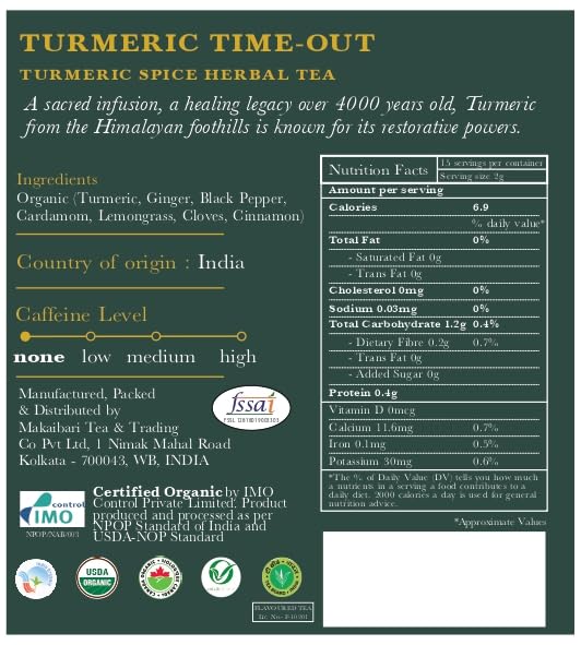 Luxmi Estates Turmeric Time-Out Herbal Tea 50 Bags (100g) Pack | Certified USDA Organic Herbal Tea | With Turmeric, Ginger, Cardamom, Black Pepper