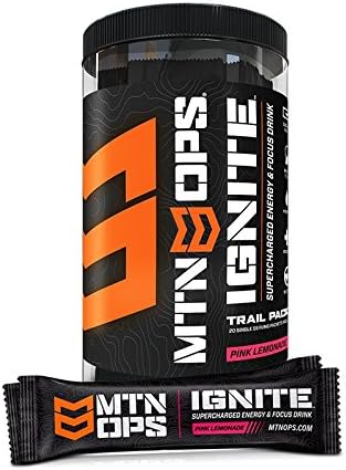 MTN OPS Ignite Sugar Free Energy Drink Powder Trail Packs with 200mg Caffeine, Travel Pre Workout Packets for to-Go Energy, Nootropic Blend, L Arginine & L Citrulline, 20 Servings, Pink Lemonade