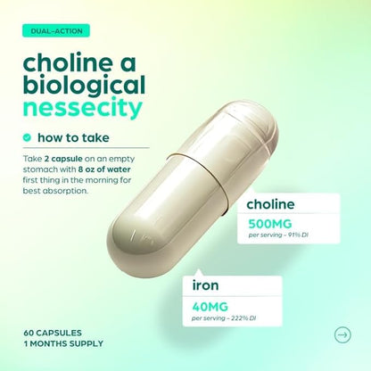 Choline 500mg Prenatal Supplement with Iron 40mg – Prenatal Vitamins for Women – Pregnancy Brain, Memory & Cognitive Support – Ferrous Fumarate, Vegan – 30 Servings