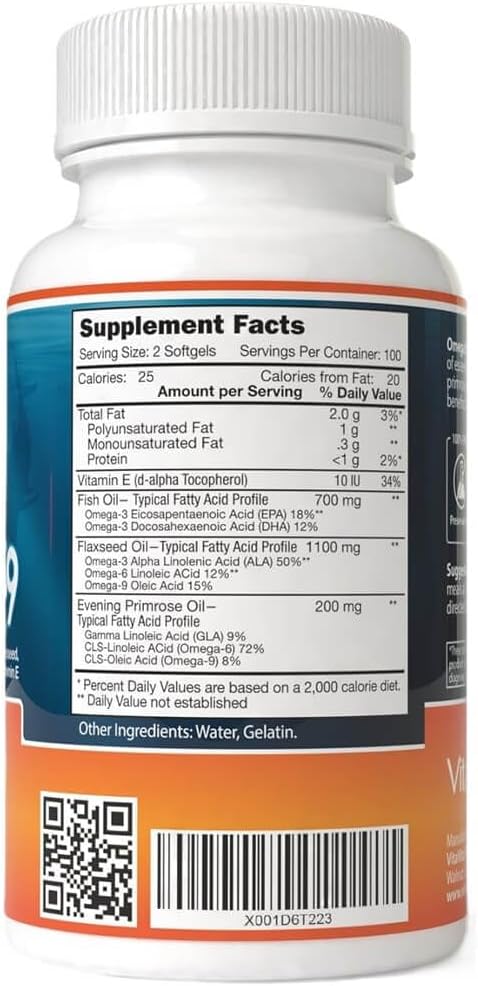 Triple Strength Omega 3-6-9 Fish Oil, Flaxseed & Evening Primrose Oil, 2000mg EPA & DHA (200 Softgels)